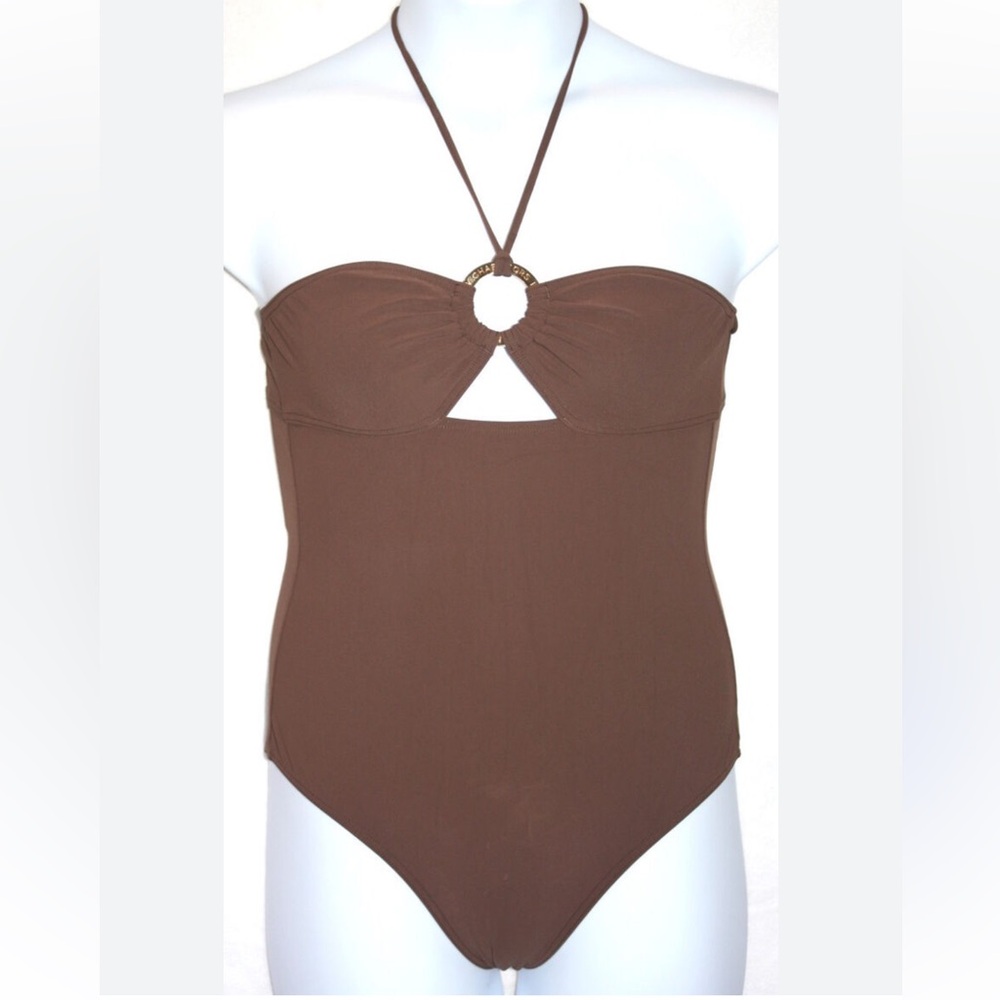 Michael Kors Brown Gold chain halter one piece swimsuit size 4- gently used